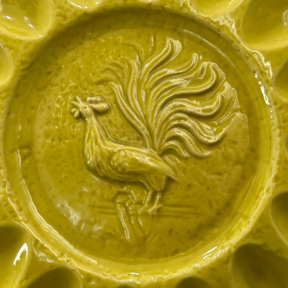 Vintage California Pottery Yellow Glazed Rooster Deviled Egg Plate 12” Platter - Picture 10 of 16